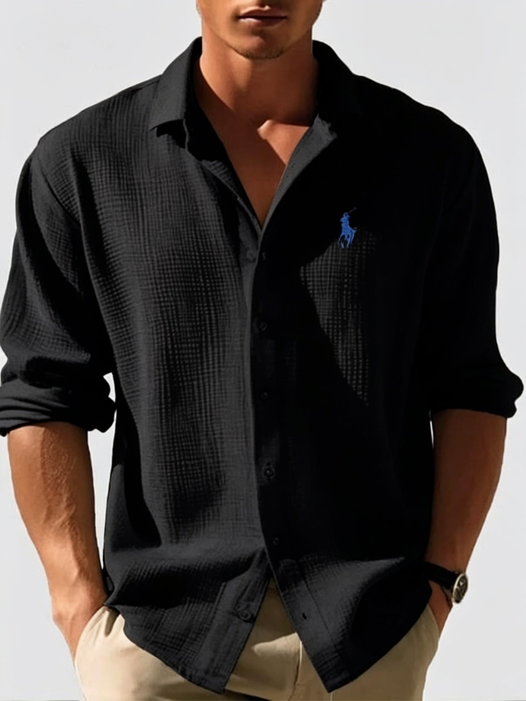 Men's Loose-Fit Waffle-Knit Collared Shirt