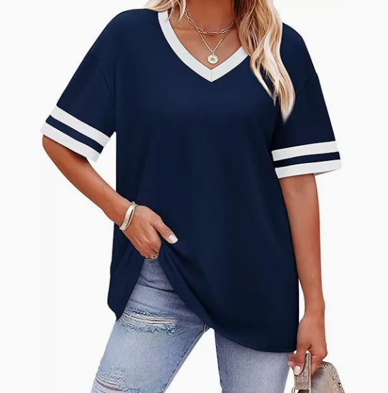 WIHOLL Women's Loose Short-Sleeve V-Neck Color Block T-Shirt, buy one get one free offer for a limited time, 2026 Summer New Arrival, Sizes S-3XL