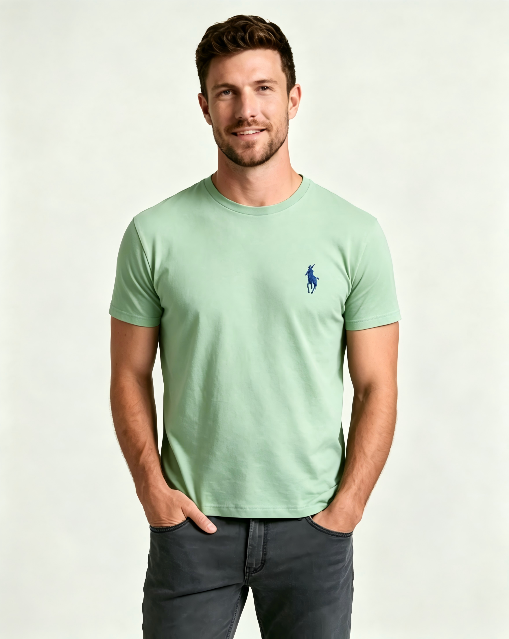 Men's Basic Crew-Neck T-Shirt – Embroidered Blue Pony Logo, Casual Soft Pure Cotton Short-Sleeve Top