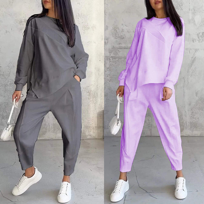 💕Conjunto de sudadera de manga larga con bajo irregular y pantalones para mujer