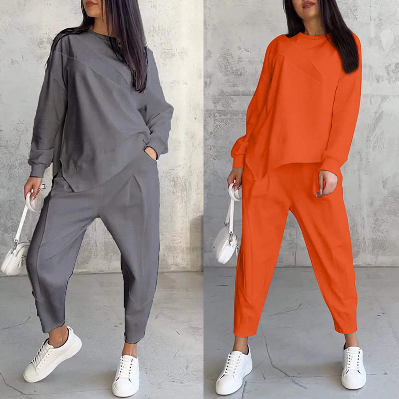 💕Conjunto de sudadera de manga larga con bajo irregular y pantalones para mujer