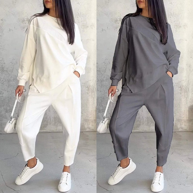 💕Conjunto de sudadera de manga larga con bajo irregular y pantalones para mujer