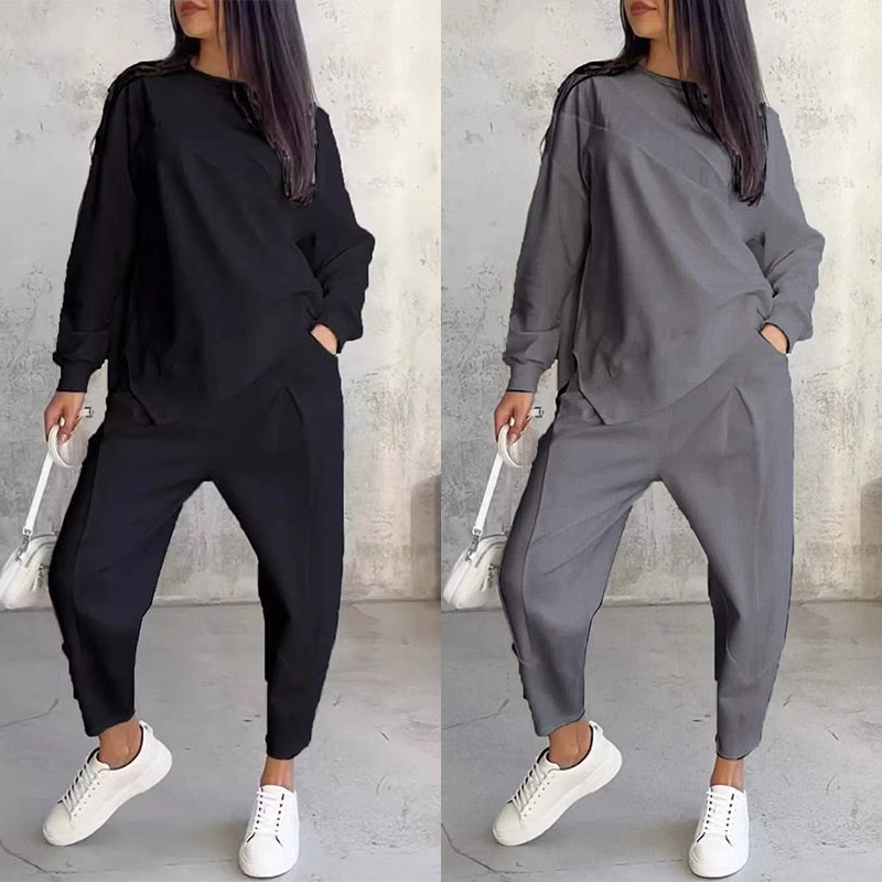 💕Conjunto de sudadera de manga larga con bajo irregular y pantalones para mujer