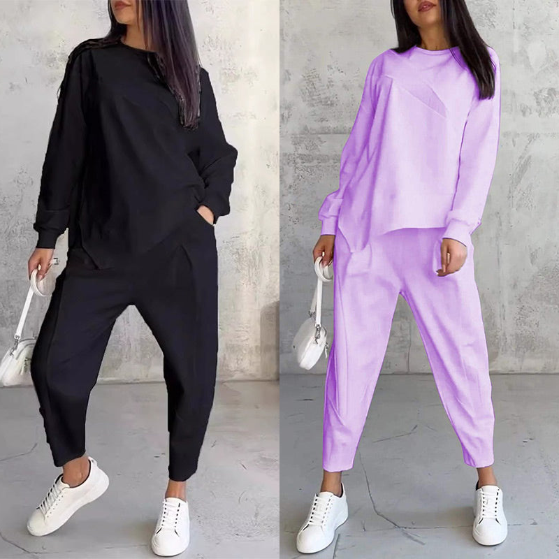 💕Conjunto de sudadera de manga larga con bajo irregular y pantalones para mujer