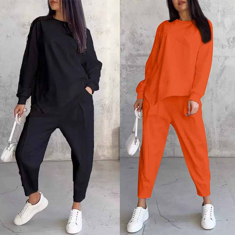 💕Conjunto de sudadera de manga larga con bajo irregular y pantalones para mujer