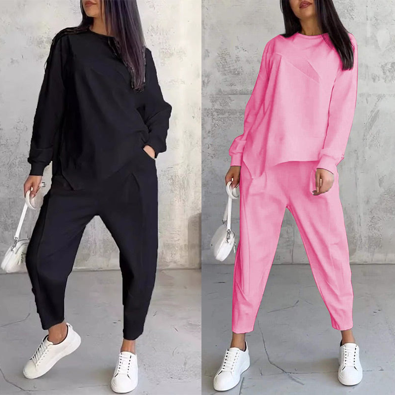 💕Conjunto de sudadera de manga larga con bajo irregular y pantalones para mujer