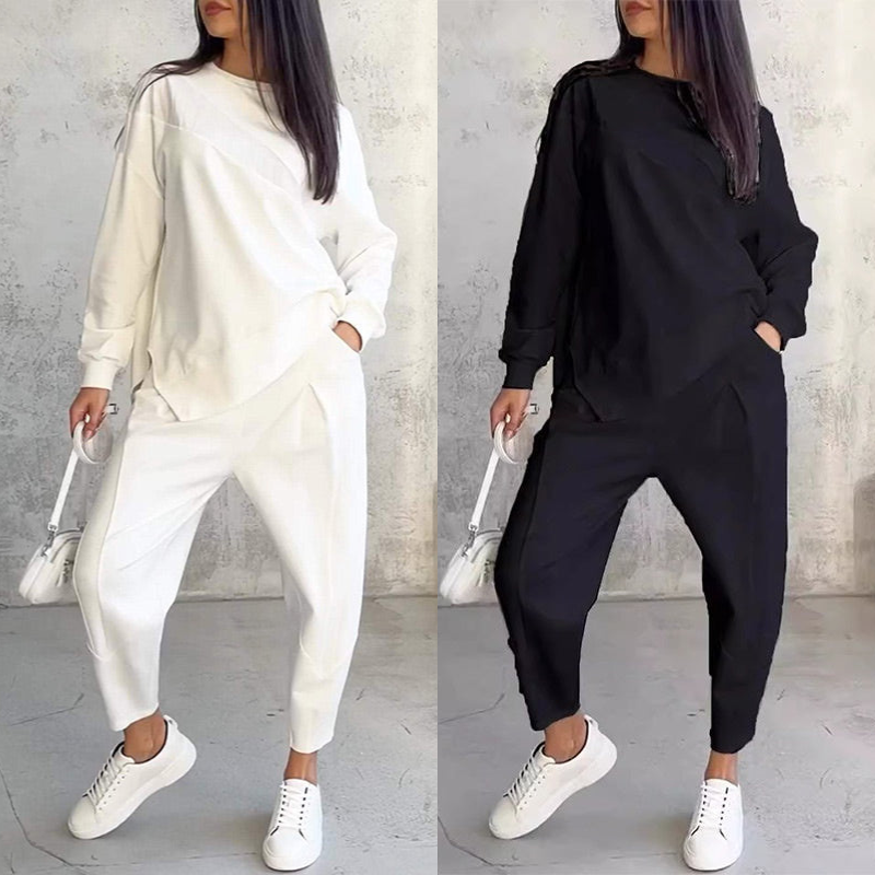 💕Conjunto de sudadera de manga larga con bajo irregular y pantalones para mujer