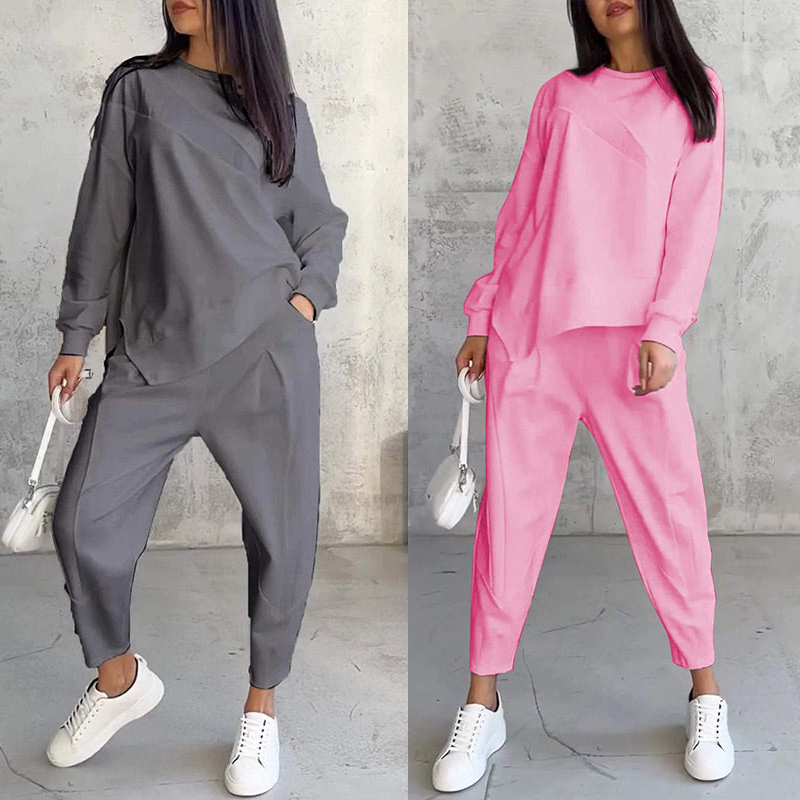 💕Conjunto de sudadera de manga larga con bajo irregular y pantalones para mujer